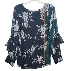 CALVIN KLEIN | Bell Sleeve Floral | Black/Green/White | Blouse | Size XL